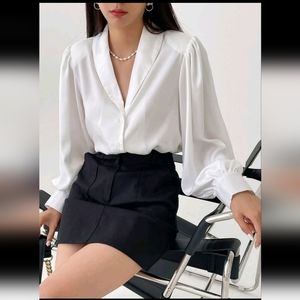 Dazy-Less Solid Shawl Collar Bishop Sleeve Shirt
